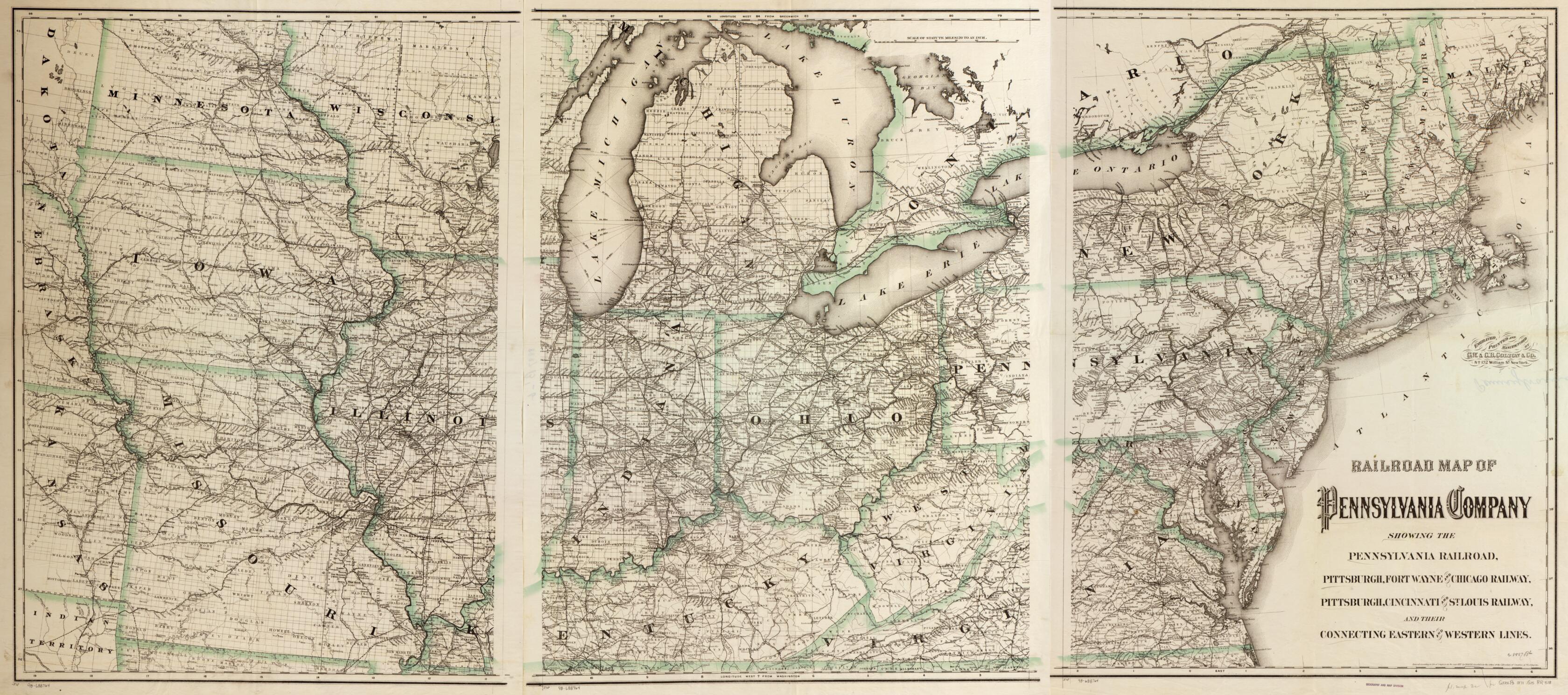 This old map of Railroad Map of Pennsylvania Company Showing the Pennsylvania Railroad, Pittsburgh, Fort Wayne and Chicago Railway, Pittsburgh, Cincinnati and St. Louis Railway, and Their Connecting Eastern and Western Lines from 1871 was created by  G.W