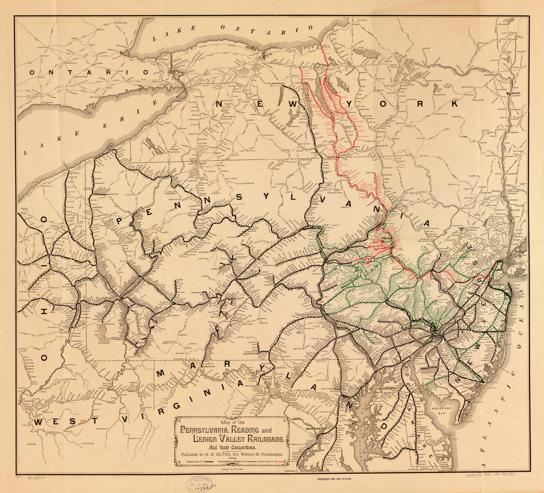 This old map of Map of the Pennsylvania, Reading, and Lehigh Valley Railroads, and Their Connections from 1884 was created by R. H. Alter,  Lehigh Valley Railroad Company,  Pennsylvania Railroad,  Philadelphia &amp; Reading Railroad Co in 1884