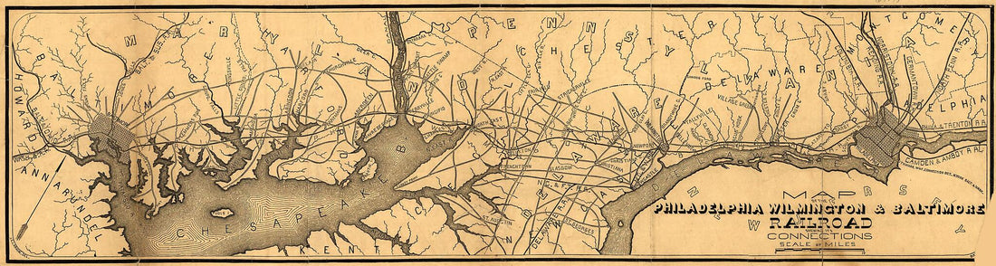This old map of Map of the Philadelphia, Wilmington, &amp; Baltimore Railroad Shewing sic Its Connections from 1850 was created by J. E. Larkin, Wilmington Philadelphia in 1850