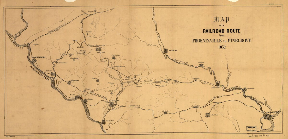 Map of a Railroad Route from Phoenixville to Pinegrove 1852 by Relic Map Company