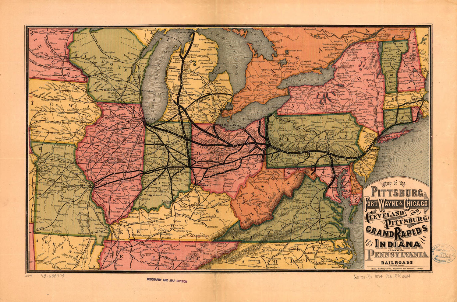 This old map of Map of the Pittsburg sic, Fort Wayne &amp; Chicago, Cleveland and Pittsburg sic, Grand Rapids and Indiana, and Pennsylvania Railroads from 1874 was created by Fort Wayne Pittsburgh,  Rand McNally and Company in 1874