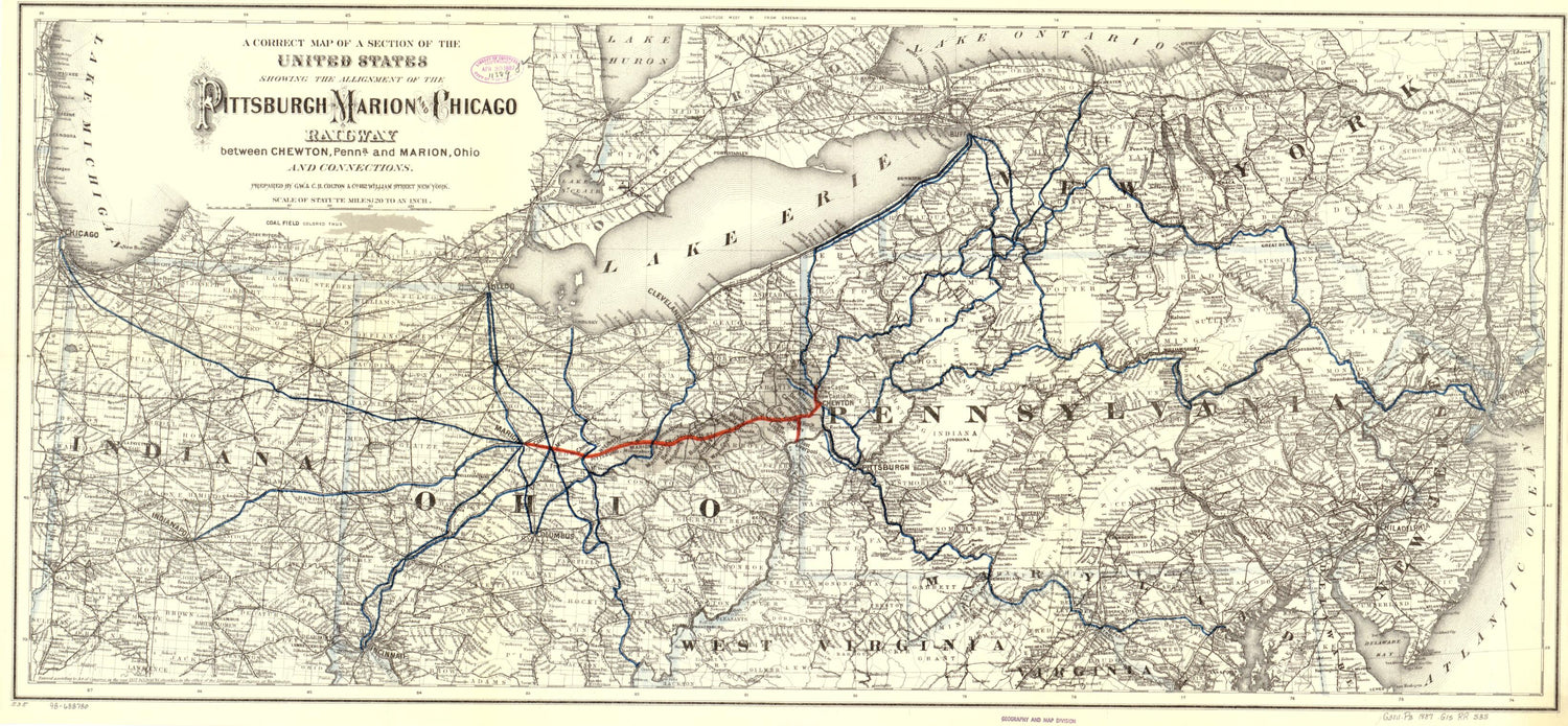 This old map of A Correct Map of a Section of the United States Showing the Allignment sic of the Pittsburgh, Marion, and Chicago Railway Between Chewton, Penna. and Marion, Ohio and Connections from 1887 was created by  G.W. &amp; C.B. Colton &amp; Co, Marion P