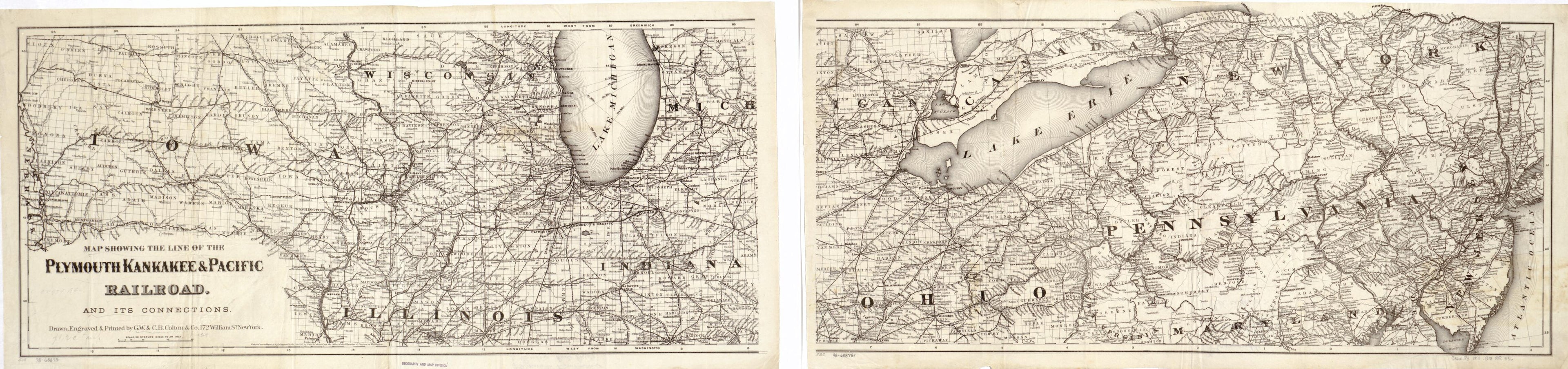 This old map of Map Showing the Line of the Plymouth, Kankakee, &amp; Pacific Railroad and Its Connections from 1871 was created by  G.W. &amp; C.B. Colton &amp; Co, Kankakee Plymouth in 1871