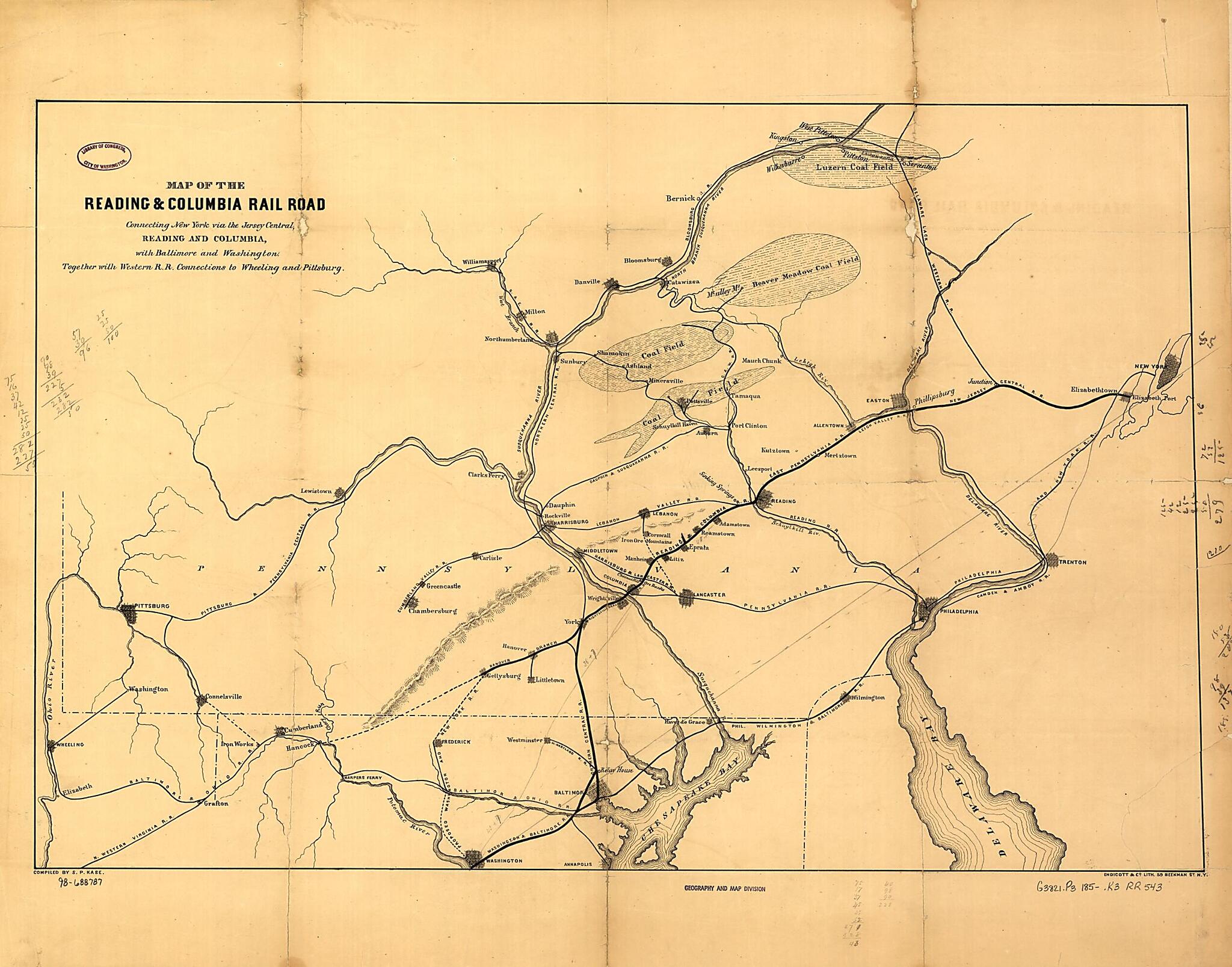 This old map of Map of the Reading &amp; Columbia Rail Road Connecting New York Via the Jersey Central, Reading and Columbia, With Baltimore and Washington, Together With Western Railroad Connections to Wheeling and Pittsburg sic; Compiled by S. P. Kase from