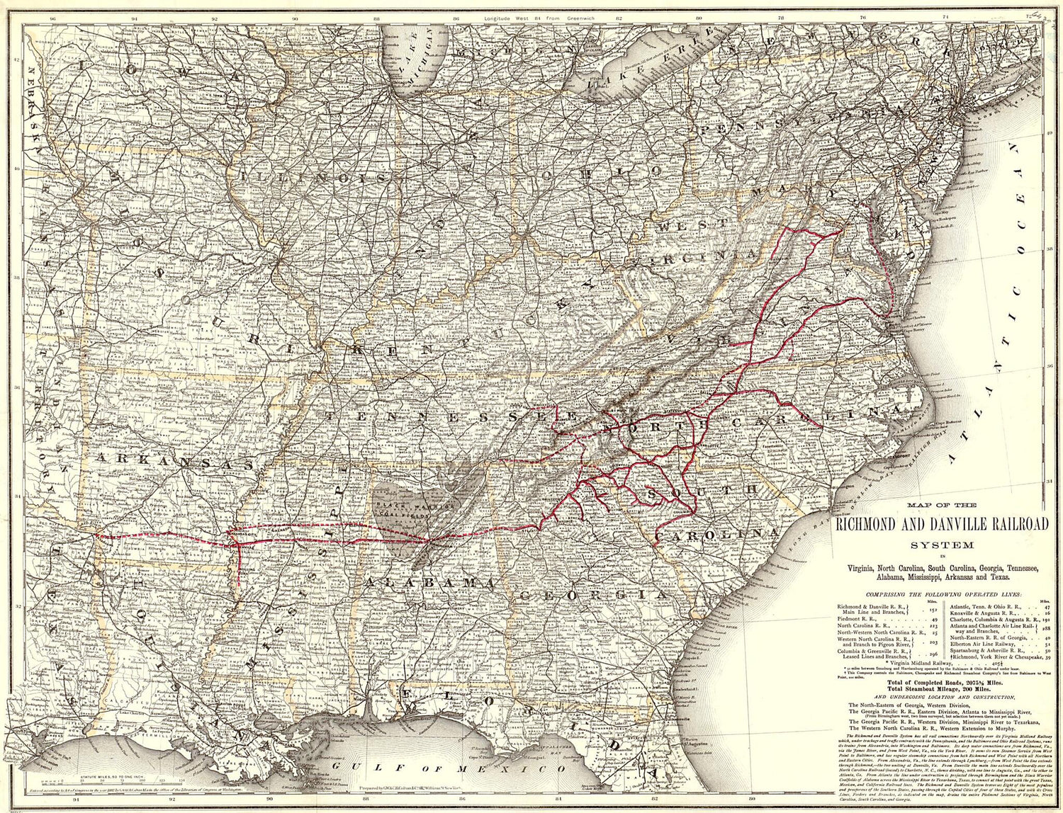 This old map of Map of the Richmond &amp; Danville Railroad System In Virginia, North Carolina, South Carolina, Georgia, Tennessee, Alabama, Mississippi, Arkansas, &amp; Texas from 1881 was created by  G.W. &amp; C.B. Colton &amp; Co,  Richmond and Danville Railroad Com