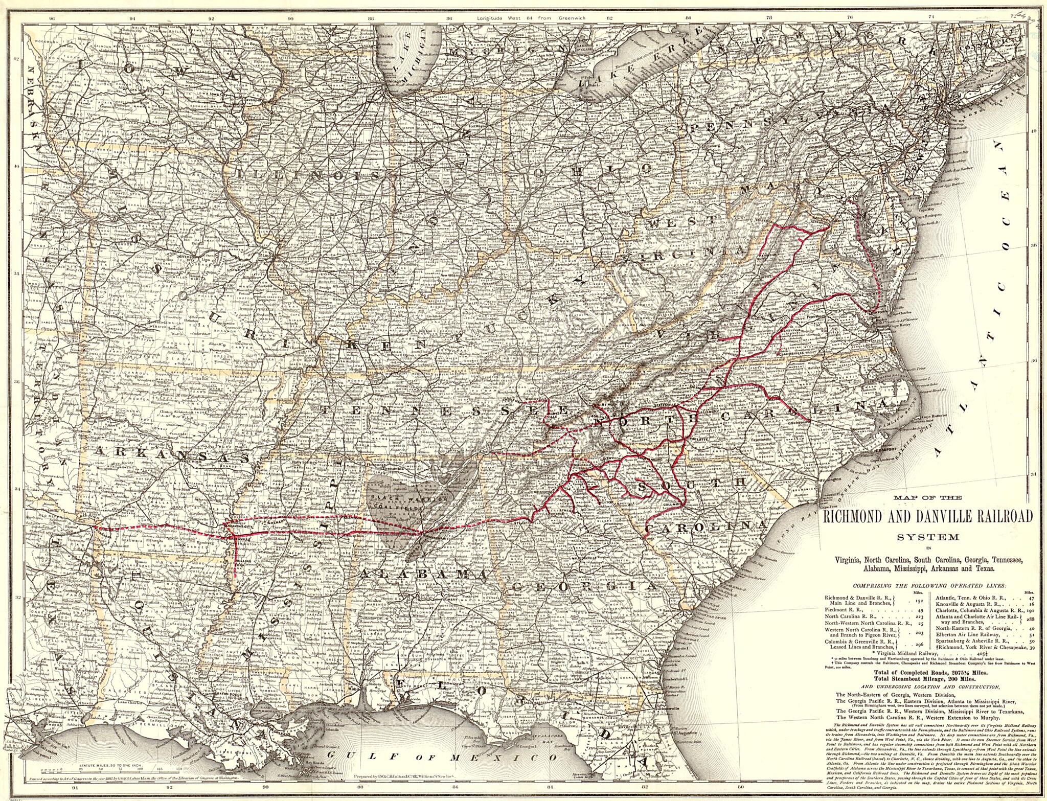 This old map of Map of the Richmond &amp; Danville Railroad System In Virginia, North Carolina, South Carolina, Georgia, Tennessee, Alabama, Mississippi, Arkansas, &amp; Texas from 1881 was created by  G.W. &amp; C.B. Colton &amp; Co,  Richmond and Danville Railroad Com