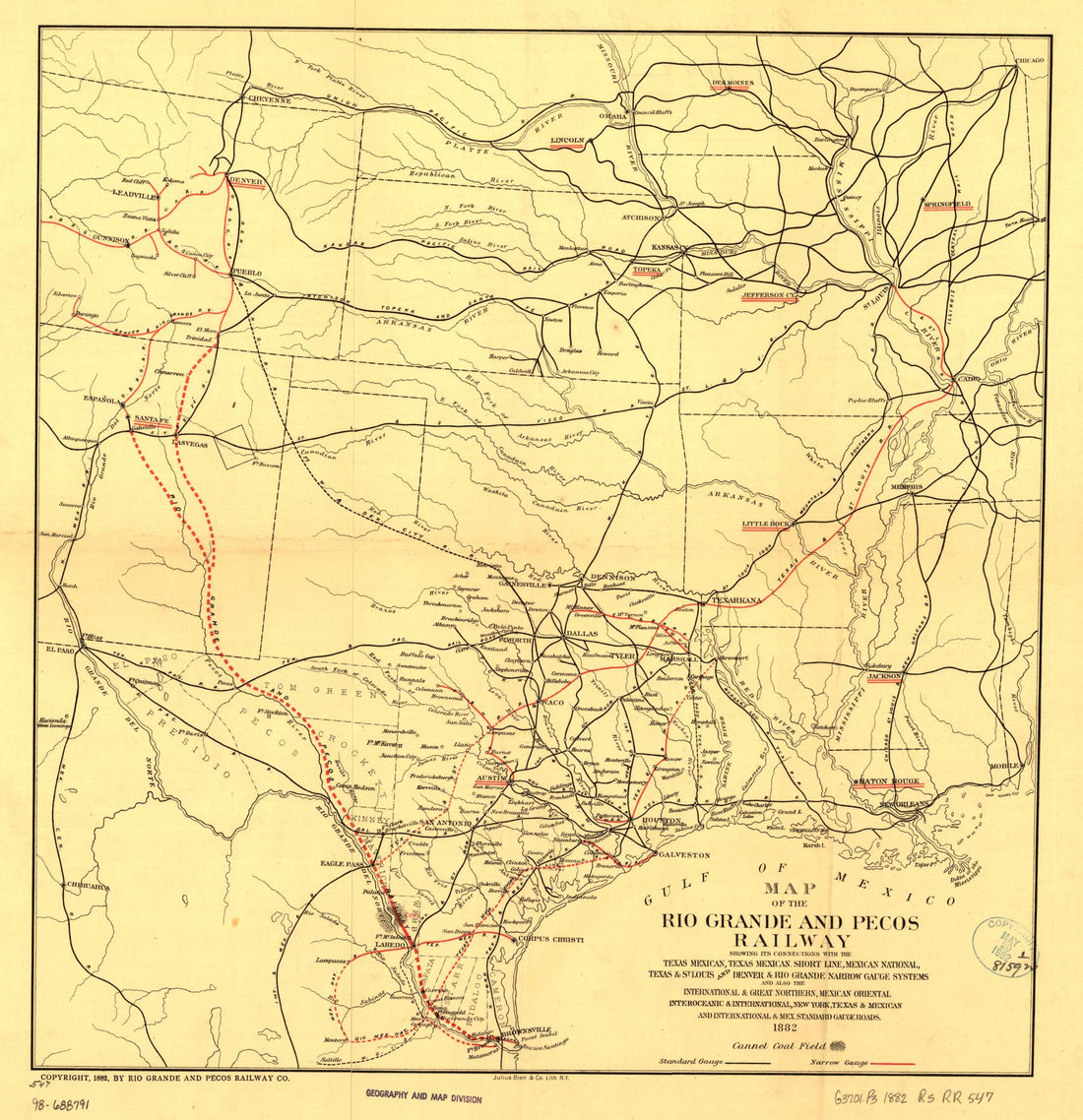 This old map of Map of the Rio Grande and Pecos Railway Showing Its Connections With the Texas Mexican, Texas Mexican Short Line, Mexican National, Texas &amp; St. Louis, and Denver &amp; Rio Grande Narrow Gauge Systems and Also the International &amp; Great Norther