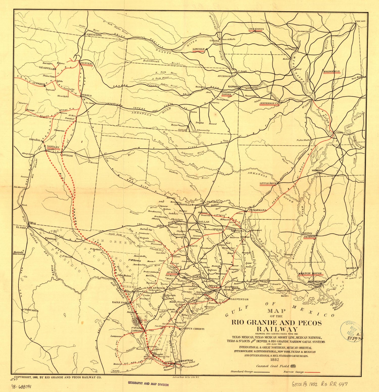 This old map of Map of the Rio Grande and Pecos Railway Showing Its Connections With the Texas Mexican, Texas Mexican Short Line, Mexican National, Texas &amp; St. Louis, and Denver &amp; Rio Grande Narrow Gauge Systems and Also the International &amp; Great Norther