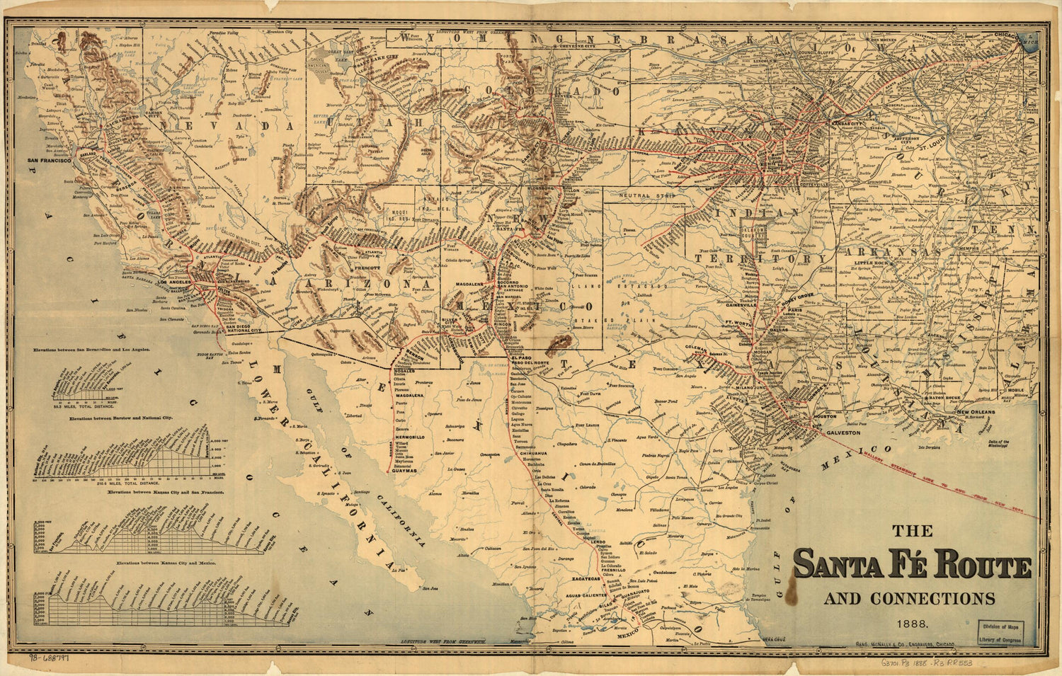 This old map of The Santa Fé Route and Connections, from 1888 was created by Topeka Atchison,  Rand McNally and Company in 1888