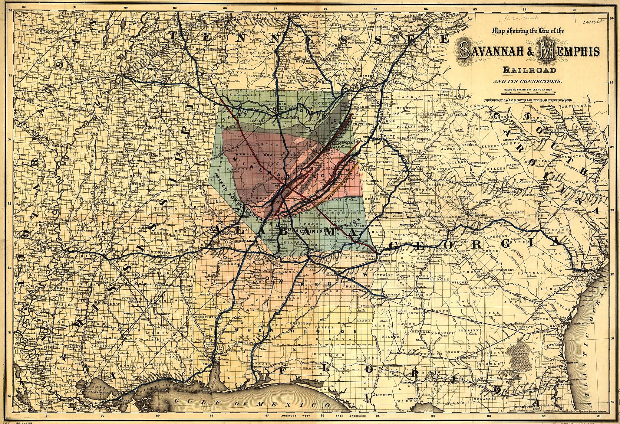 This old map of Map Showing the Line of the Savannah &amp; Memphis Railroad and Its Connections from 1872 was created by  G.W. &amp; C.B. Colton &amp; Co,  Savannah and Memphis Railroad in 1872