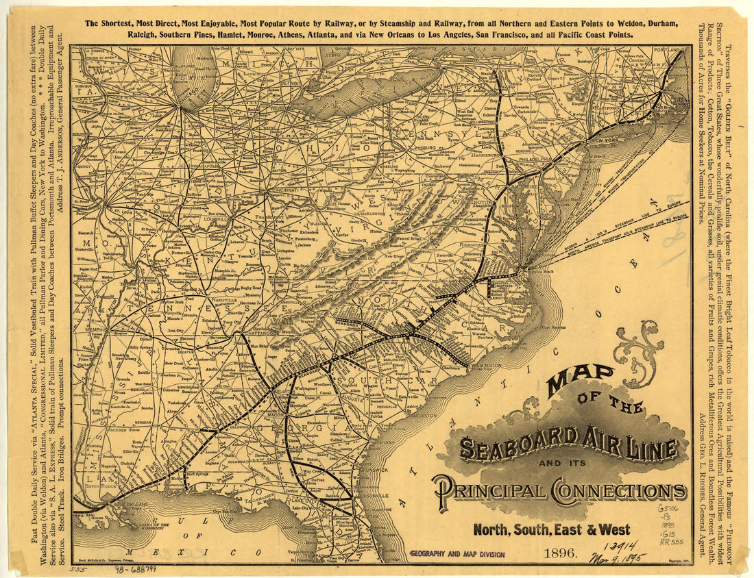 This old map of Map of the Seaboard Air Line and Its Principal Connections North, South, East &amp; West, from 1896 was created by  Rand McNally and Company,  Seaboard Air Line Railroad Company in 1896