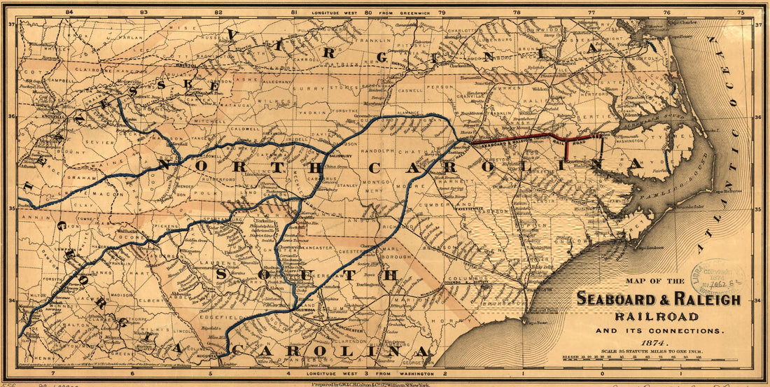 This old map of Map of the Seaboard &amp; Raleigh Railroad and Its Connections from 1874 was created by  G.W. &amp; C.B. Colton &amp; Co,  Seaboard and Raleigh Railroad in 1874