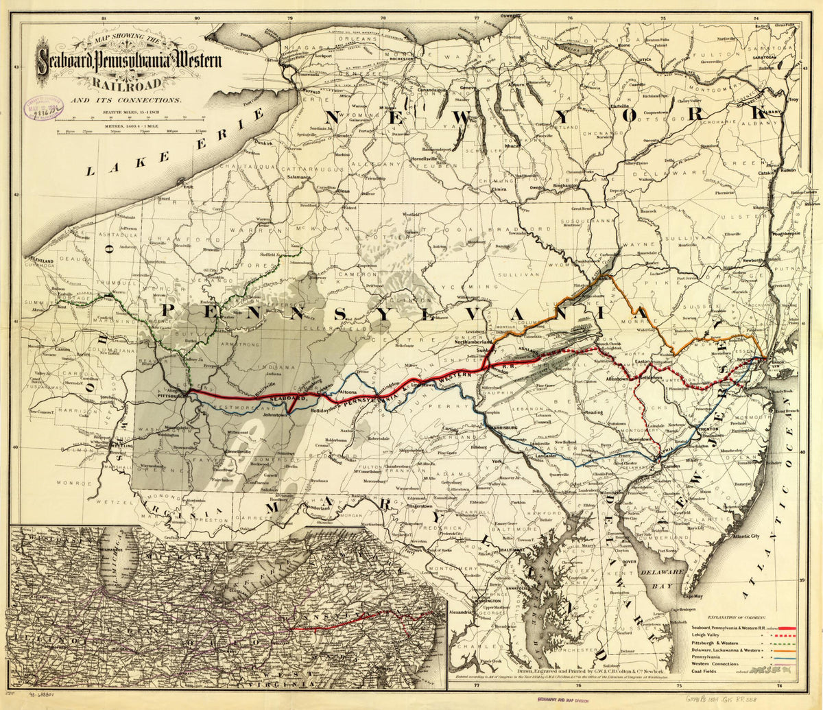 Map Showing the Seaboard, Pennsylvania and Western Railroad and Its Connections in 1884 by Relic Map Company