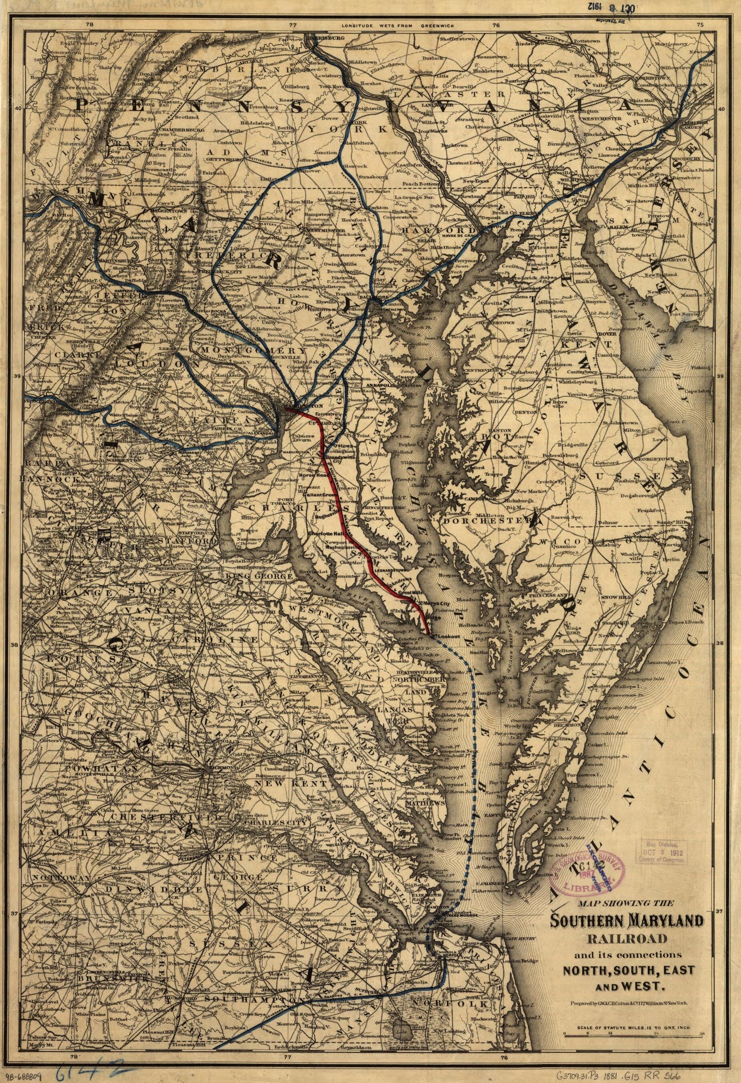 This old map of Map Showing the Southern Maryland Railroad and Its Connections North, South, East, and West from 1881 was created by  G.W. &amp; C.B. Colton &amp; Co,  Southern Maryland Railroad in 1881