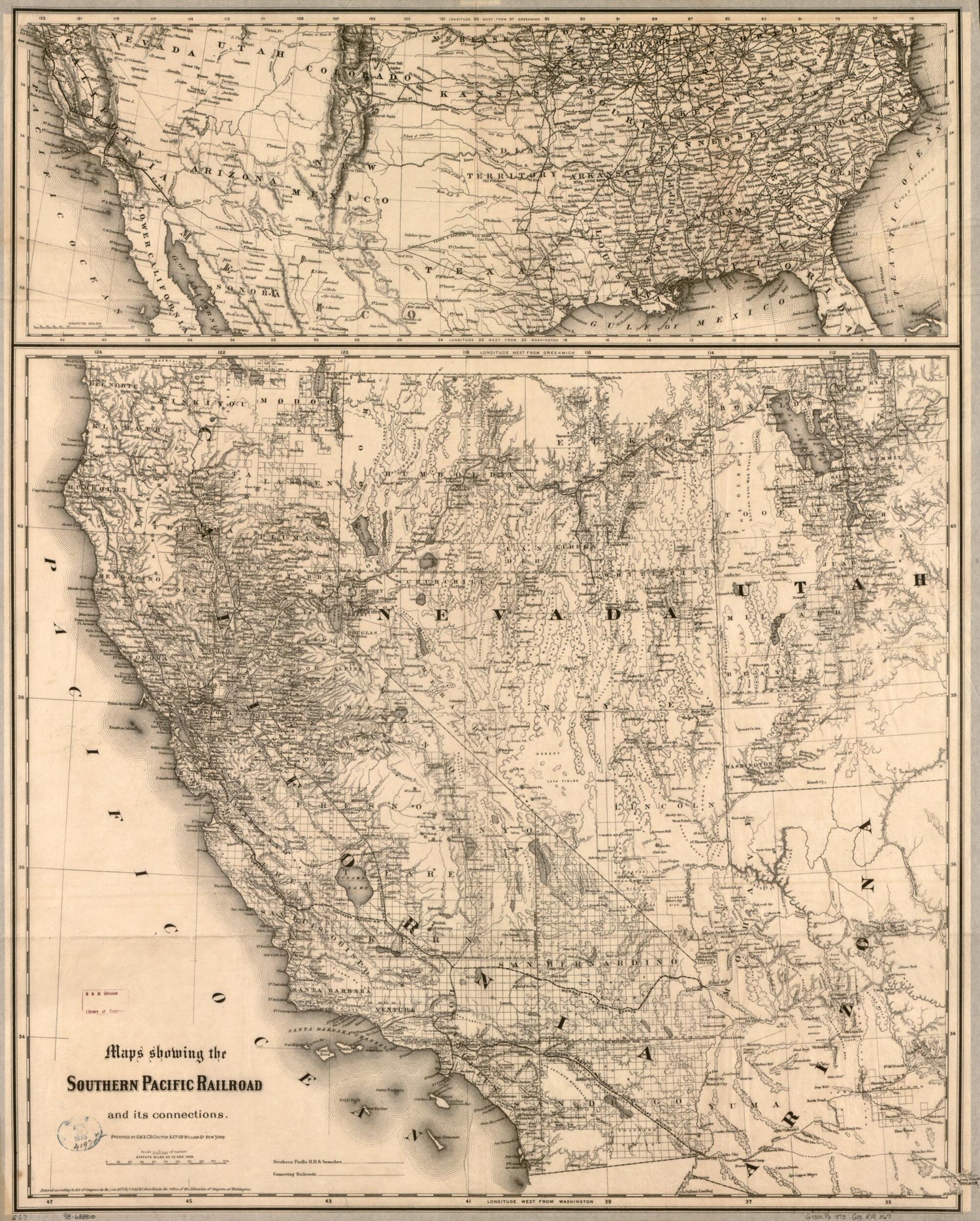 This old map of Maps Showing the Southern Pacific Railroad and Its Connections from 1875 was created by  G.W. &amp; C.B. Colton &amp; Co,  Southern Pacific Railroad Company in 1875