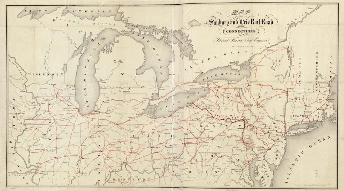 This old map of Map of the Sunbury and Erie Rail Road and Its Connections from 1850 was created by Robert Faries,  Sunbury and Erie Rail Road Company in 1850