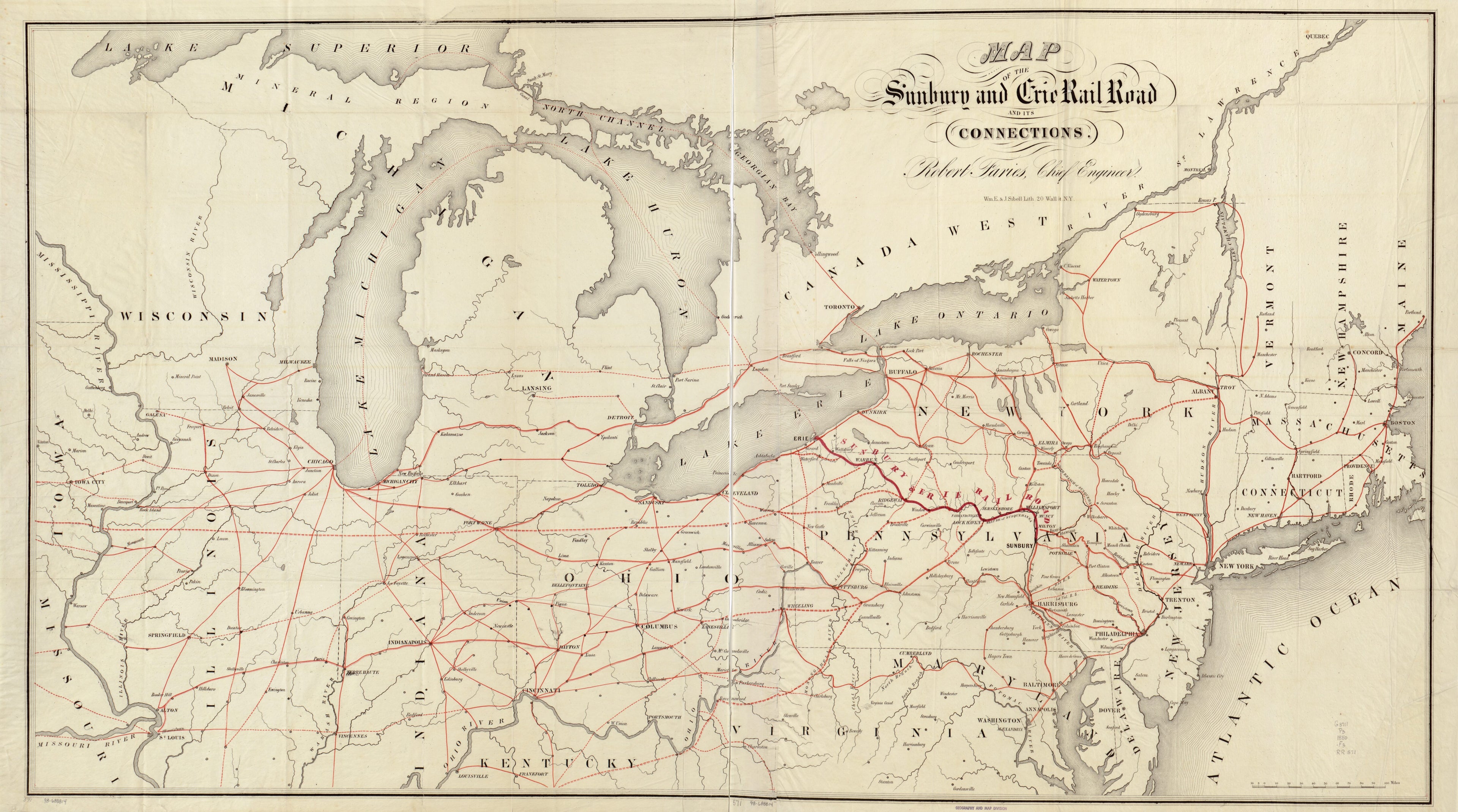 This old map of Map of the Sunbury and Erie Rail Road and Its Connections from 1850 was created by Robert Faries,  Sunbury and Erie Rail Road Company in 1850