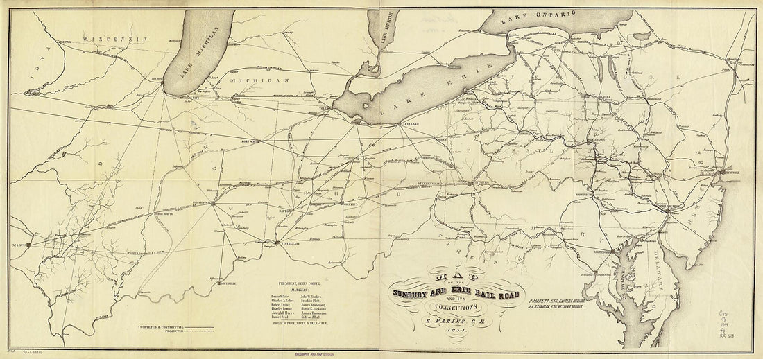 This old map of Map of the Sunbury and Erie Rail Road and Its Connections; P. Jarrett, Eng. Eastern Division, J. L. Randolph, Eng. Western Division, R. Faries, C.E from 1854 was created by Robert Faries,  Sunbury and Erie Rail Road Company in 1854