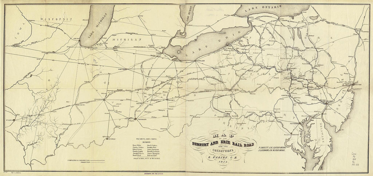 This old map of Map of the Sunbury and Erie Rail Road and Its Connections; P. Jarrett, Eng. Eastern Division, J. L. Randolph, Eng. Western Division, R. Faries, C.E from 1854 was created by Robert Faries,  Sunbury and Erie Rail Road Company in 1854