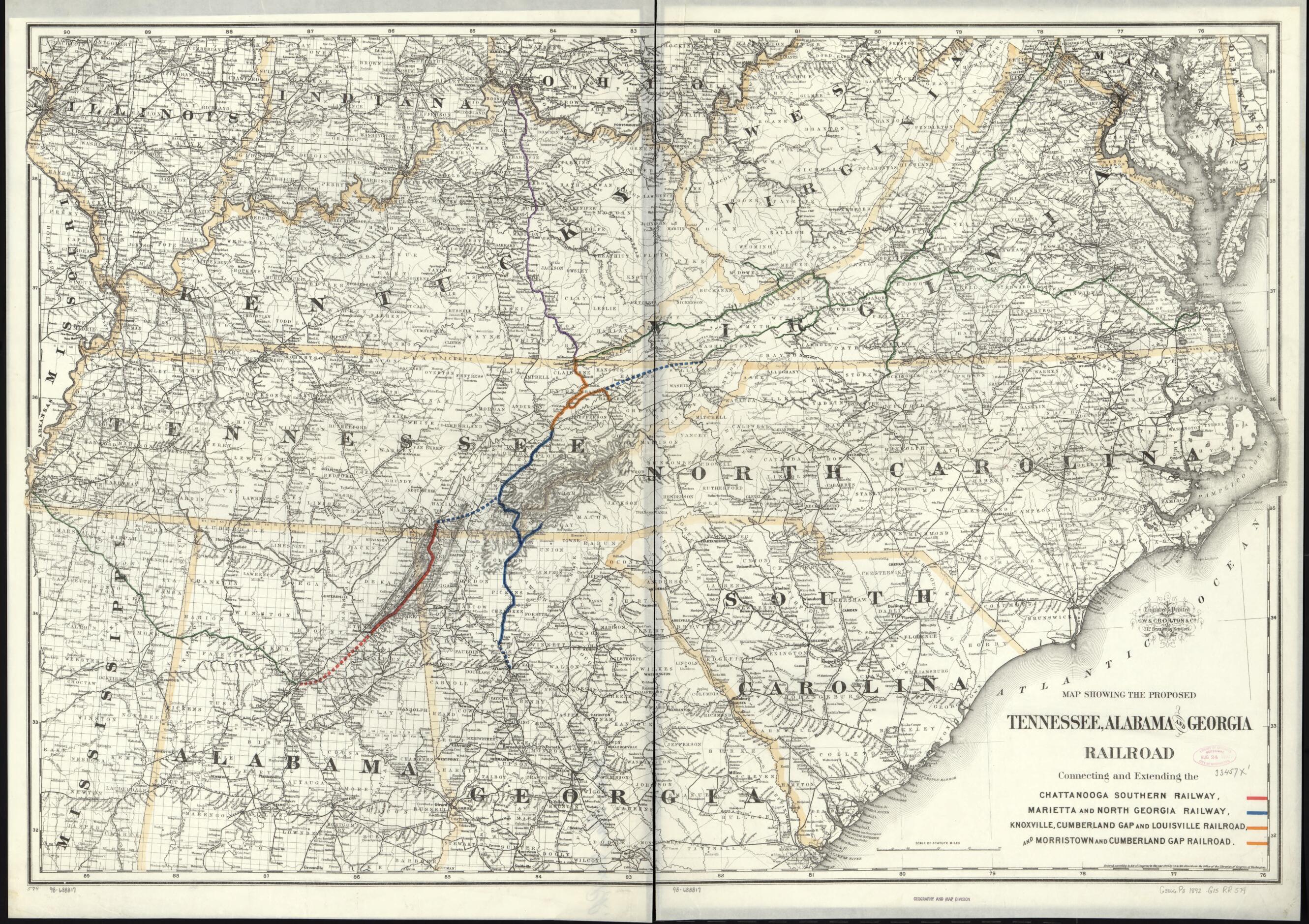 This old map of Map Showing the Proposed Tennessee, Alabama, and Georgia Railroad Connecting and Extending the Chattanooga Southern Railway, Marietta and North Georgia Railway, Knoxville, Cumberland Gap and Louisville Railroad, and Morristown and Cumberl