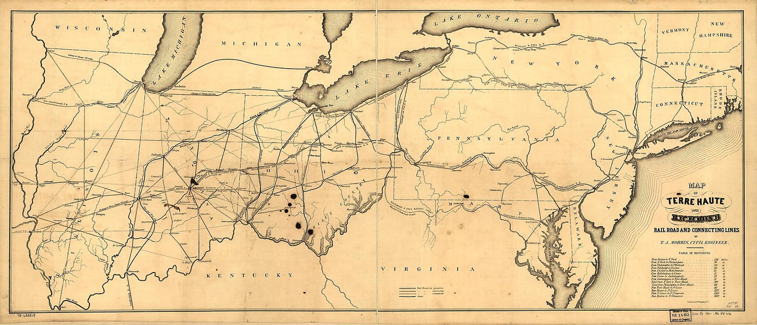 This old map of Map of Terre Haute and Richmond Rail Road and Connecting Lines from 1850 was created by Thomas A. (Thomas Armstrong) Morris,  Terre Haute and Richmond Railroad in 1850