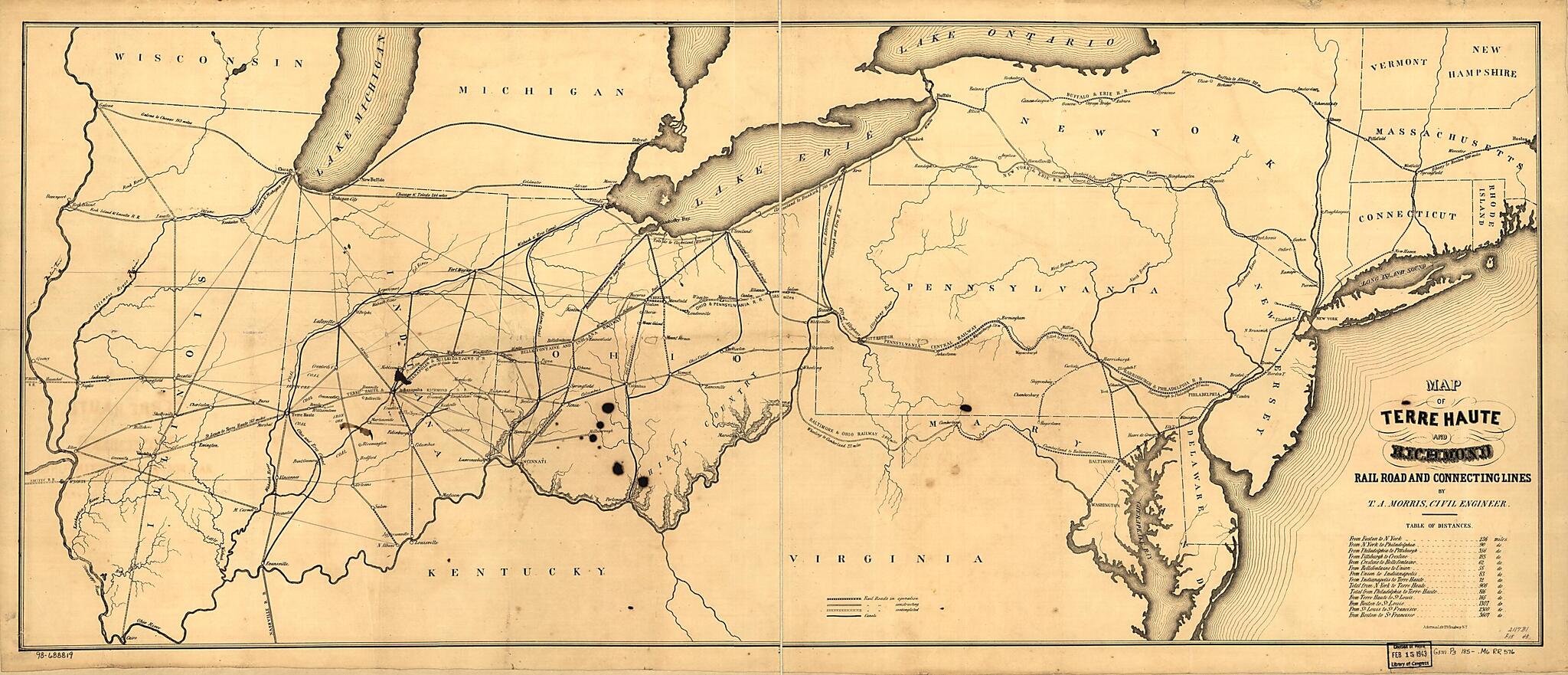 This old map of Map of Terre Haute and Richmond Rail Road and Connecting Lines from 1850 was created by Thomas A. (Thomas Armstrong) Morris,  Terre Haute and Richmond Railroad in 1850
