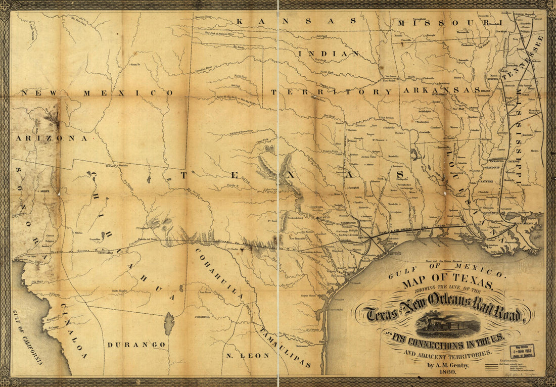 This old map of Map of Texas, Showing the Line of the Texas and New Orleans Rail Road, and Its Connections In the U.S. and Adjacent Territories from 1860 was created by Abm. M. (Abram Morrice) Gentry,  Texas and New Orleans Railroad Company in 1860