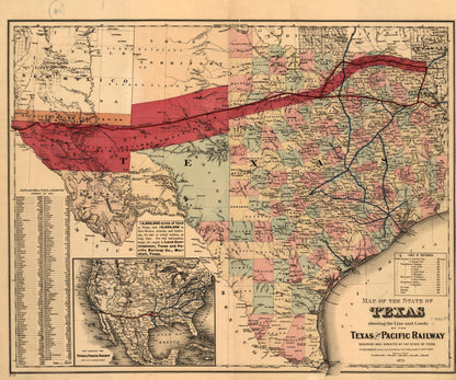 Map of the State of Texas Showing the Line and Lands of the Texas and Pacific Railway Reserved and Donated by the State of Texas, 1873 by Relic Map Company