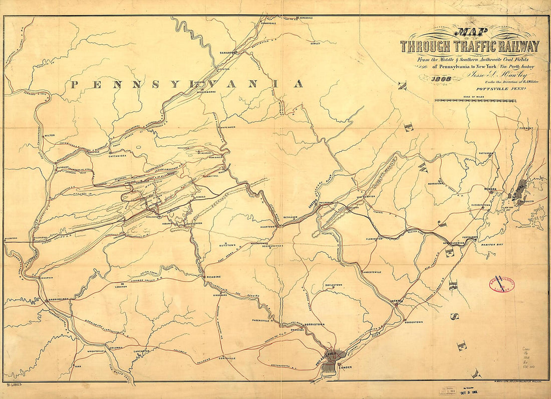 This old map of Map of Through Traffic Railway from the Middle &amp; Southern Anthracite Coal Fields of Pennsylvania to New York Via Perth Amboy; Jesse L. Hawley Under Direction of R.A. Wilder from 1868 was created by Jesse L. Hawley,  Through Traffic Railwa
