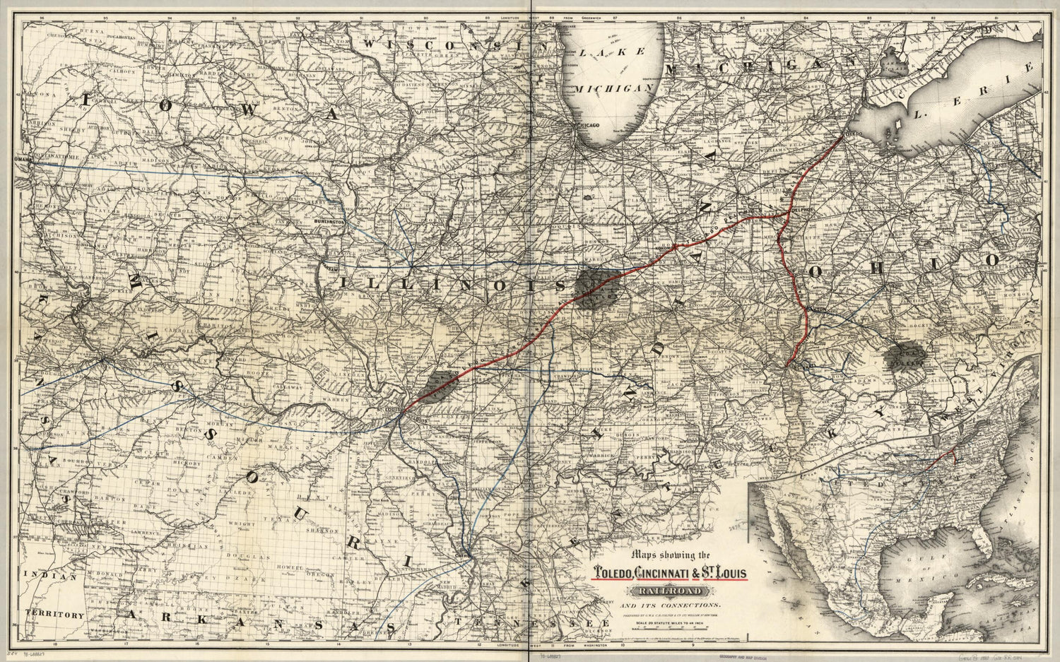 This old map of Maps Showing the Toledo, Cincinnati, &amp; St. Louis Railroad and Its Connections, from 1881 was created by  G.W. &amp; C.B. Colton &amp; Co, Cincinnati Toledo in 1881