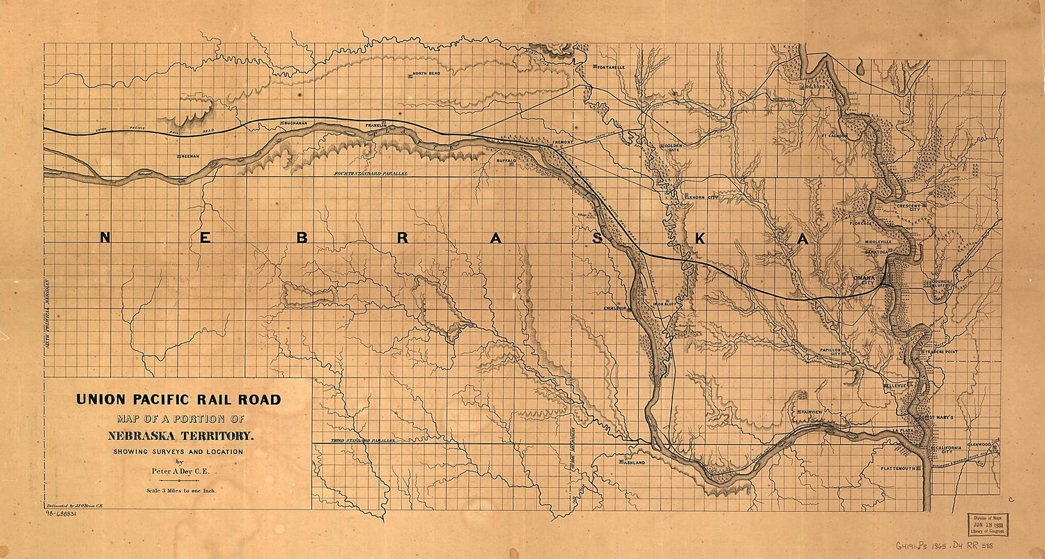 This old map of Union Pacific Rail Road, Map of a Portion of Nebraska Territory, Showing Surveys and Location of Lines by Peter A. Dey, C.E from 1865 was created by Peter Anthony Dey,  Union Pacific Railroad Company in 1865
