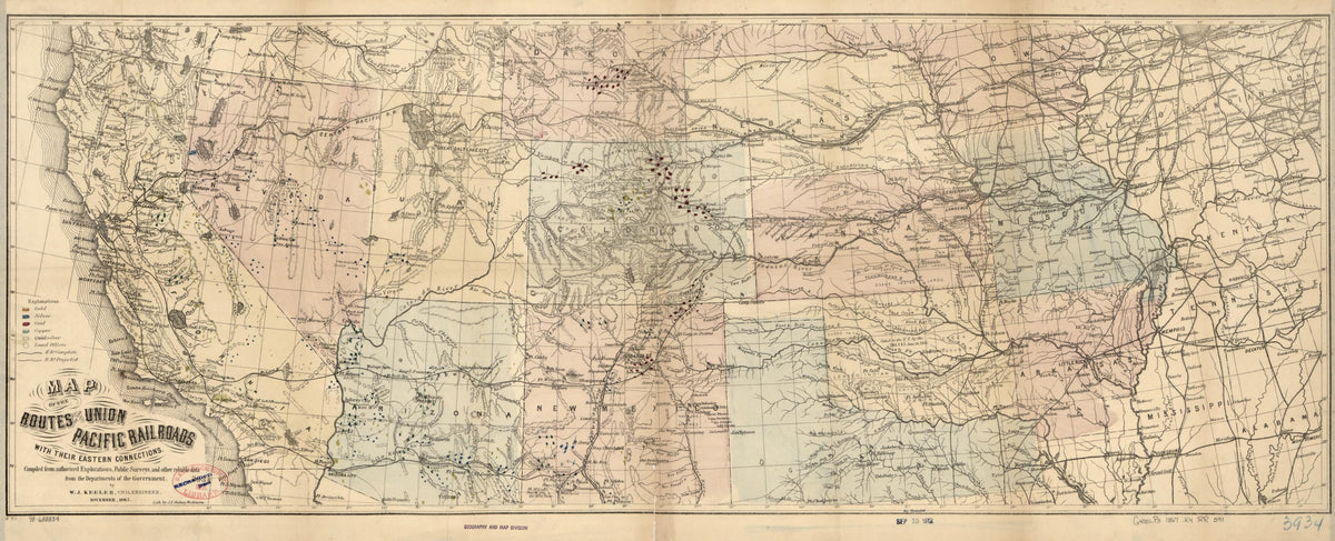 Map of the Routes of the Union Pacific Rail Roads With Their Eastern Connections, Compiled from Authorized Explorations, Public Surveys, and Other Reliable Data from the Departments of the Government, by W.J. Keeler, Civil Engineer, November, 1867 by Relic Map Company