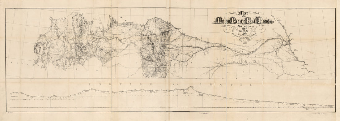 This old map of Map of the Union Pacific Rail Road and Surveys of 1864, 65, 66, 67, 1868 from Missouri River to Humboldt Wells, G.M. Dodge, Chief Engineer from 1869 was created by Grenville M. Dodge, H. Lambach,  Union Pacific Railroad Company in 1869