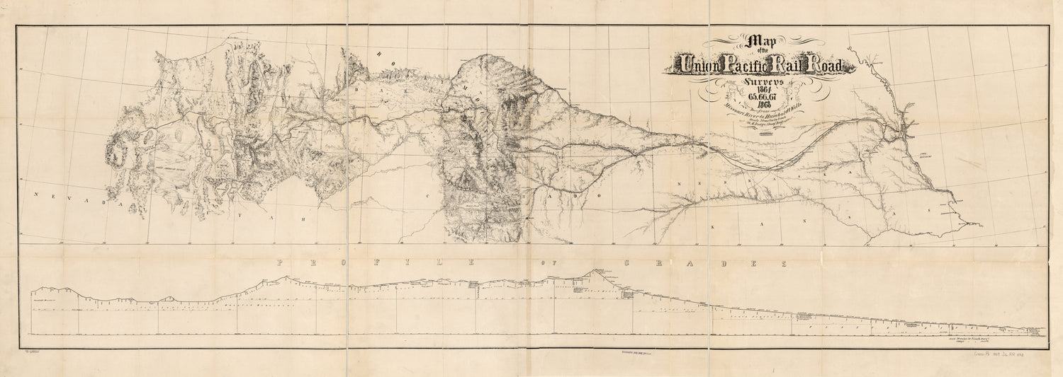 This old map of Map of the Union Pacific Rail Road and Surveys of 1864, 65, 66, 67, 1868 from Missouri River to Humboldt Wells, G.M. Dodge, Chief Engineer from 1869 was created by Grenville M. Dodge, H. Lambach,  Union Pacific Railroad Company in 1869