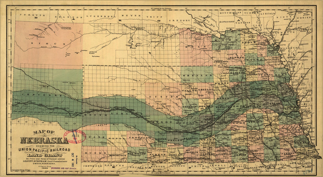 This old map of Map of Nebraska Showing the Union Pacific Railroad Land Grant from 1880 was created by H. R. Parge,  Union Pacific Railroad Company in 1880