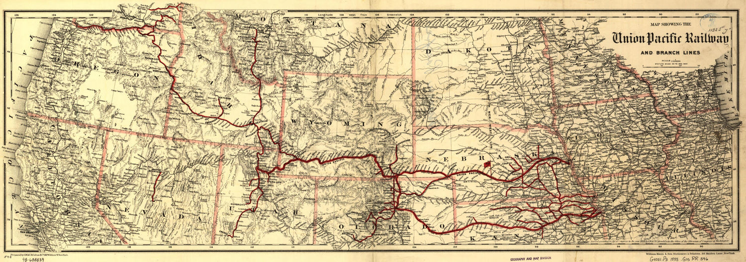 This old map of Map Showing the Union Pacific Railway and Branch Lines from 1888 was created by  G.W. &amp; C.B. Colton &amp; Co,  Union Pacific Railway Company in 1888