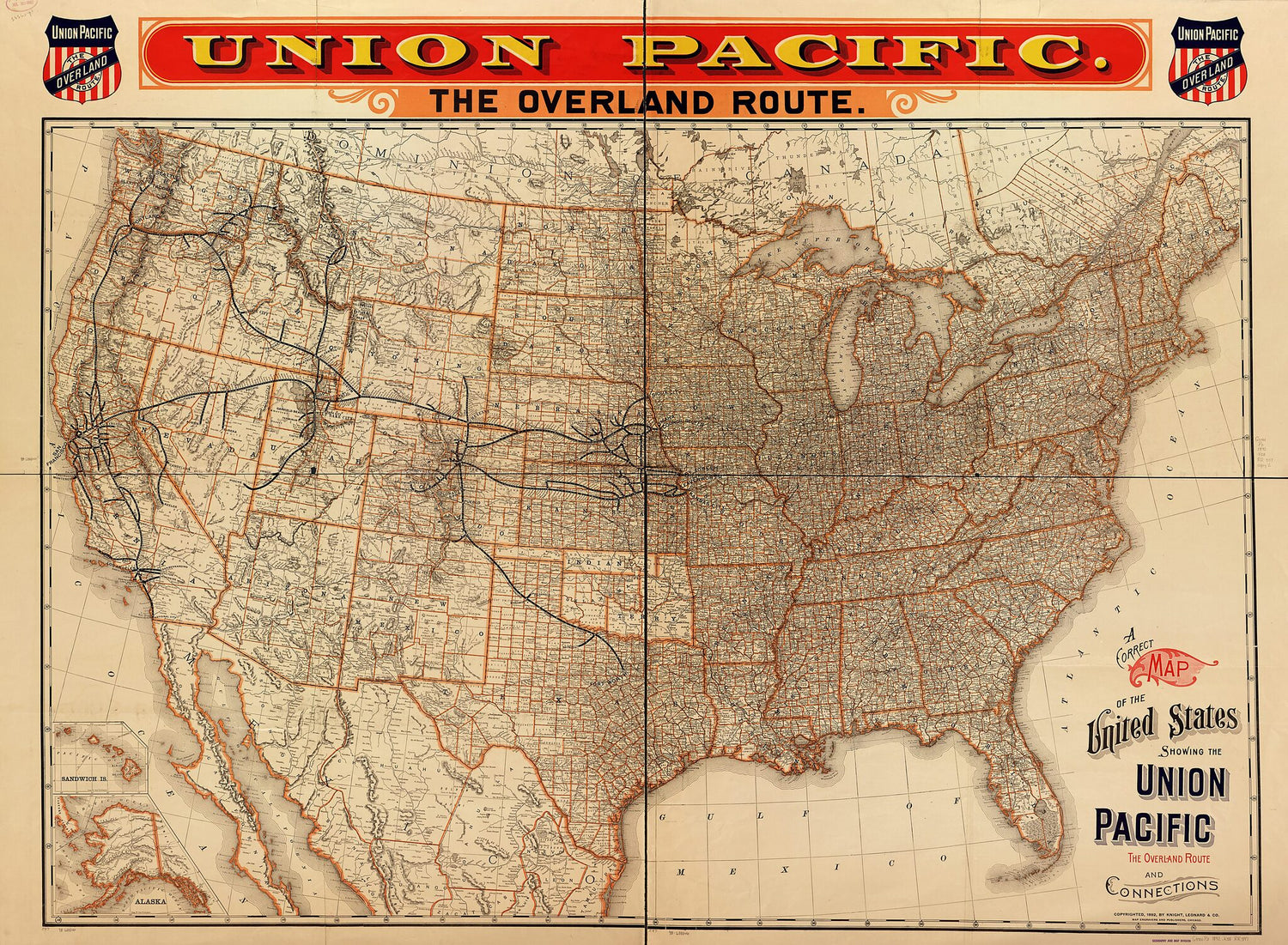 This old map of A Correct Map of the United States Showing the Union Pacific, the Overland Route and Connections from 1892 was created by Leonard &amp; Company Knight,  Union Pacific Railway Company in 1892