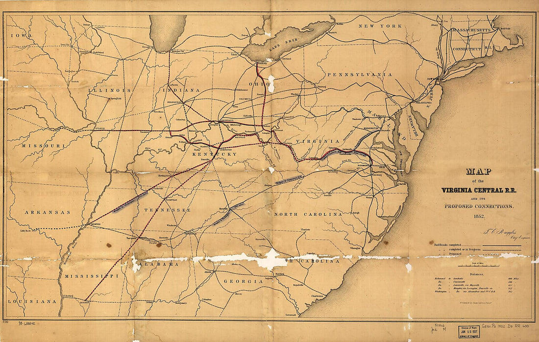 This old map of Map of the Virginia Central Railroad and Its Proposed Connections from 1852 was created by T. C. Ruggles,  Virginia Central Railroad Company in 1852