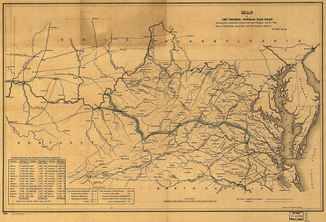 This old map of Map of the Virginia Central Rail Road Showing the Connection Between Tide Water Virginia, and the Ohio River at Big Sandy, Guyandotte and Point Pleasant; Made by W. Vaisz Top. Eng from 1852 was created by W. Vaisz,  Virginia Central Railr