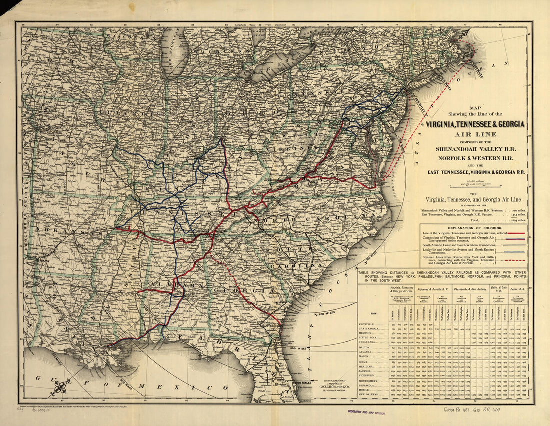 This old map of Map Showing the Line of the Virginia, Tennessee, &amp; Georgia Air Line Composed of the Shenandoah Valley R.R., Norfolk &amp; Western R.R. and the East Tennessee, Virginia, &amp; Georgia R.R from 1881 was created by  G.W. &amp; C.B. Colton &amp; Co, Tennesse