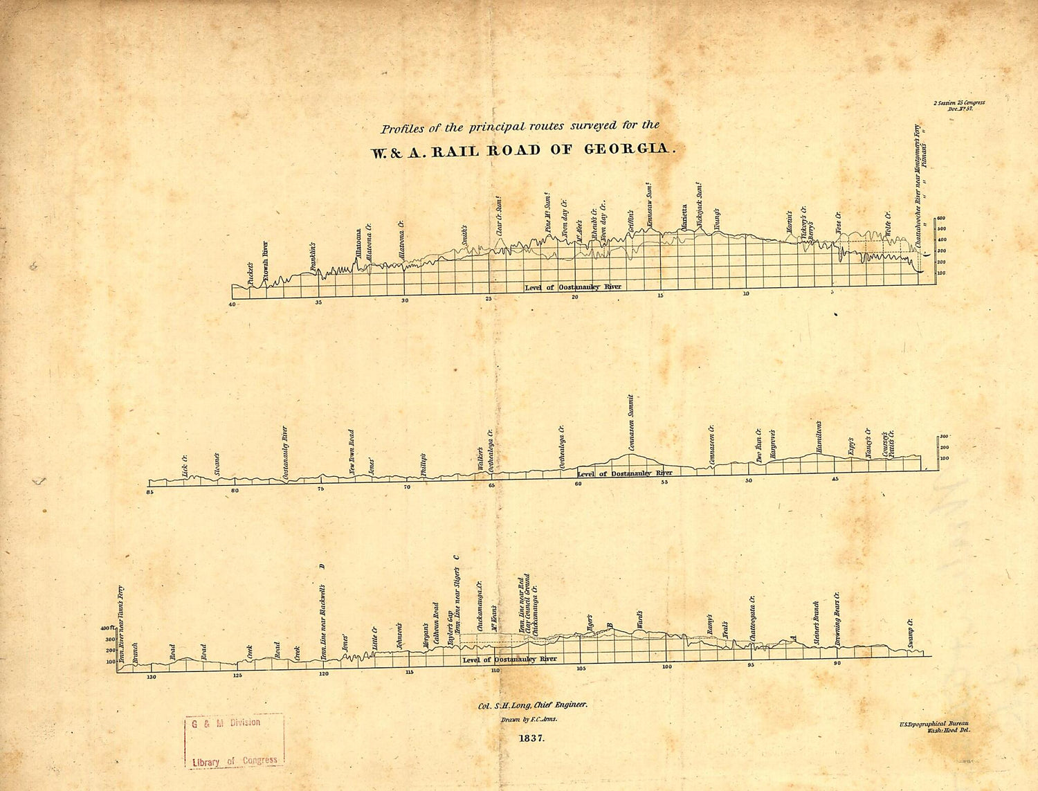 This old map of Map of the Country Embracing the Various Routes Surveyed for the Western &amp; Atlantic Rail Road of Georgia, Under the Direction of Lieut. Col. S. H. Long, Chief Engineer, from 1837, U.S. Topographical Bureau M. H. Stansbury, Del was created