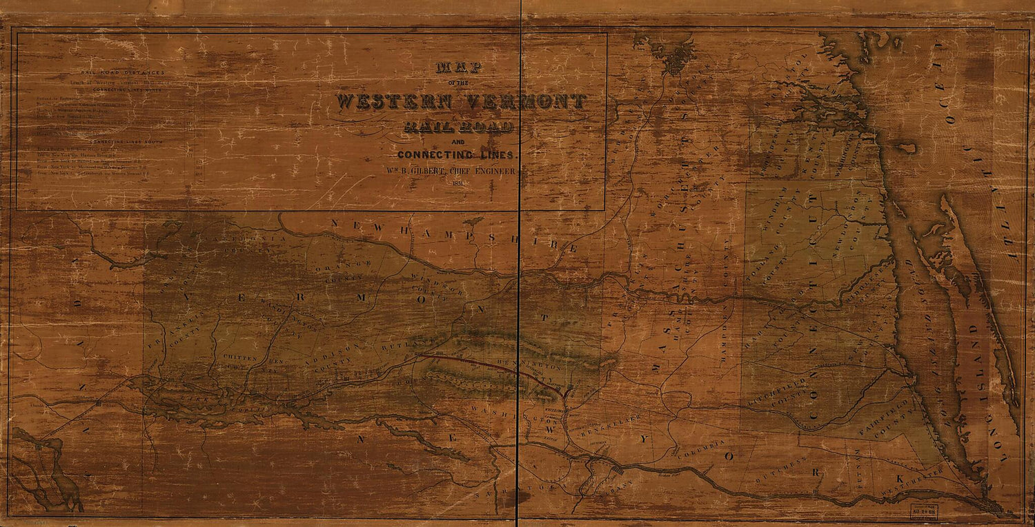 This old map of Map of the Western Vermont Rail Road and Connecting Lines, Wm. B. Gilbert, Chief Engineer from 1851 was created by William B. Gilbert,  Western Vermont Railroad in 1851