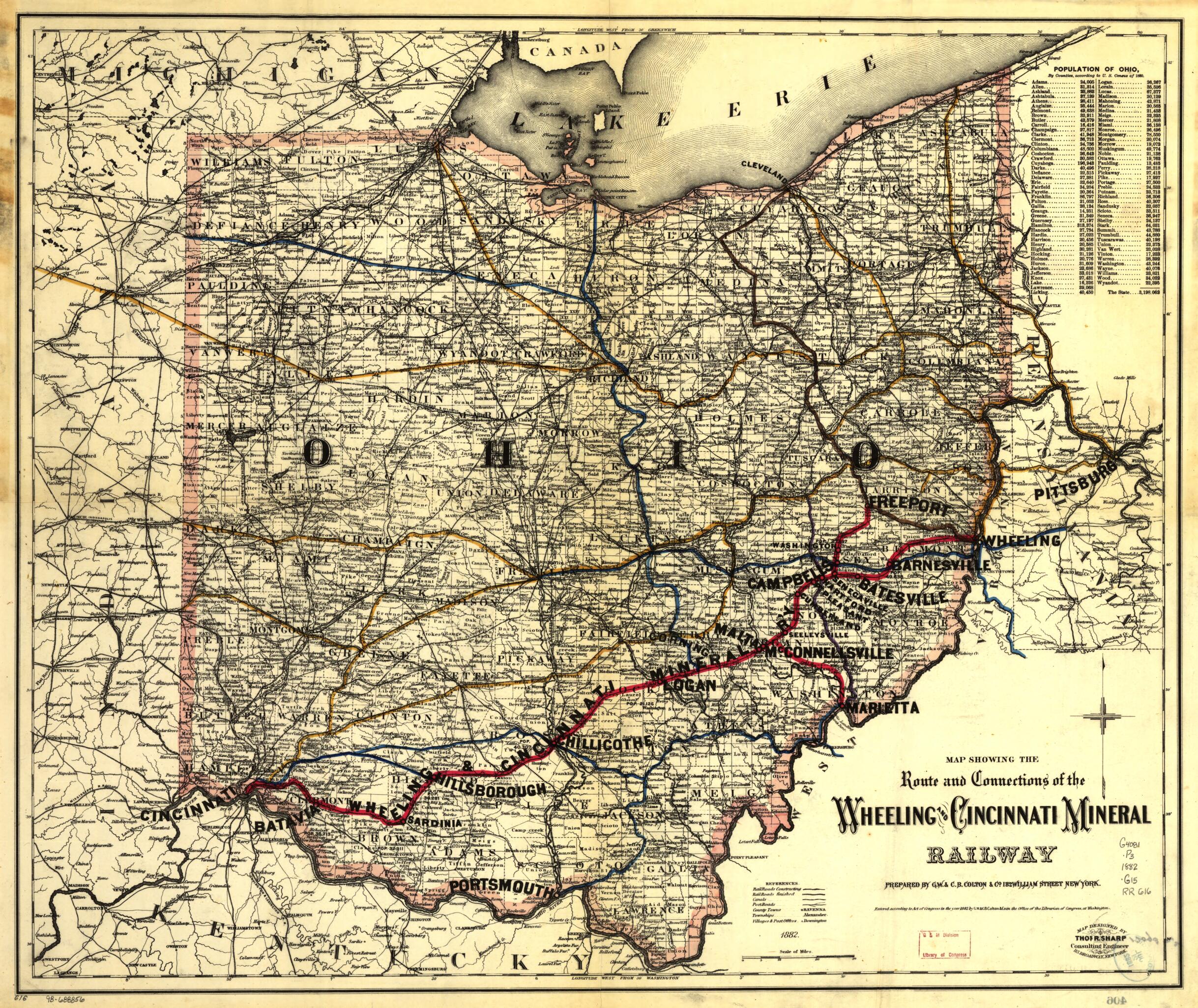 This old map of Map Showing the Route and Connections of the Wheeling and Cincinnati Mineral Railway from 1882 was created by  G.W. &amp; C.B. Colton &amp; Co,  Wheeling and Cincinnati Mineral Railway in 1882