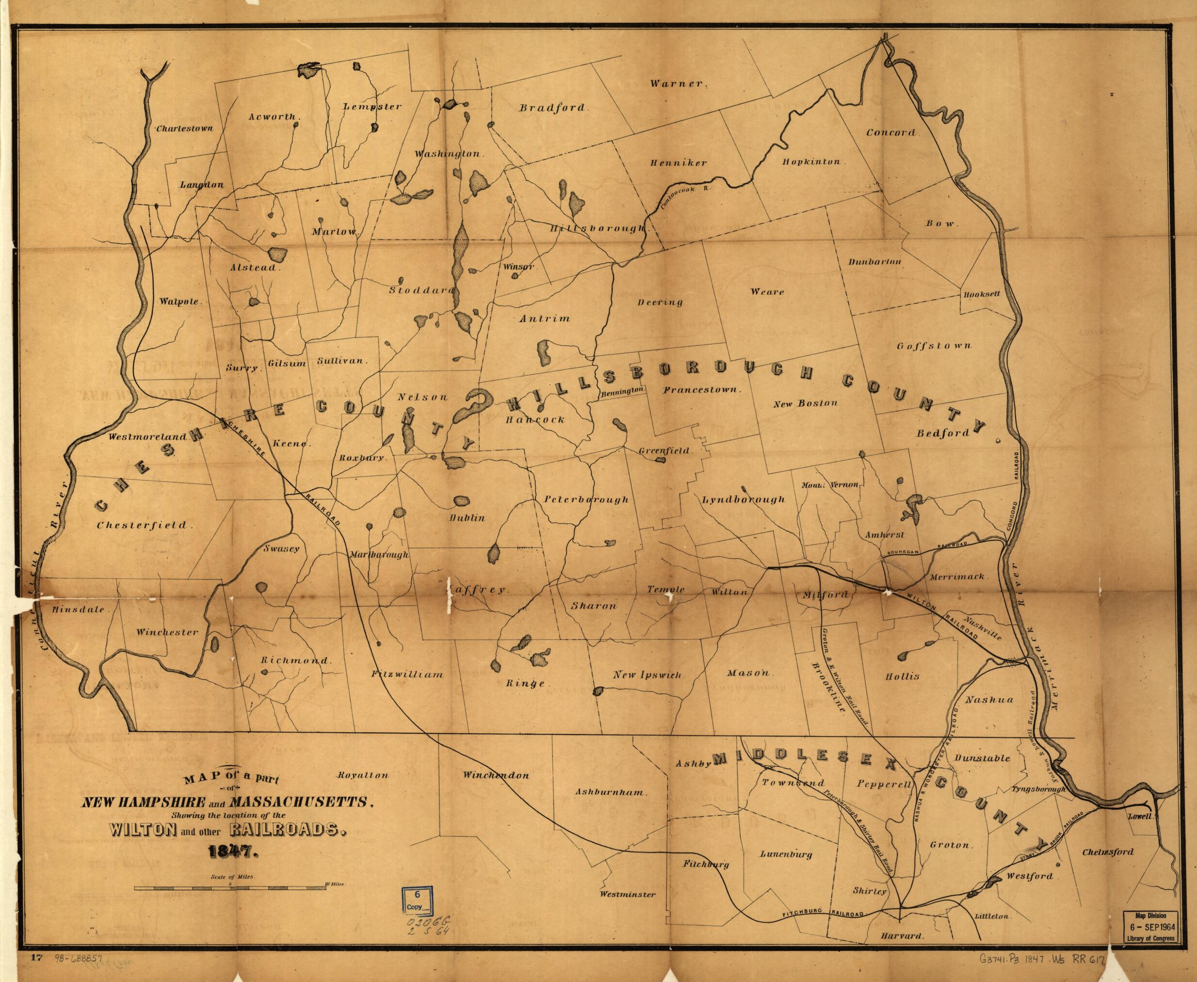 This old map of Map of Part of New Hampshire and Massachusetts, Showing the Location of the Wilton and Other Railroads from 1847 was created by  Wilton Railroad Company in 1847