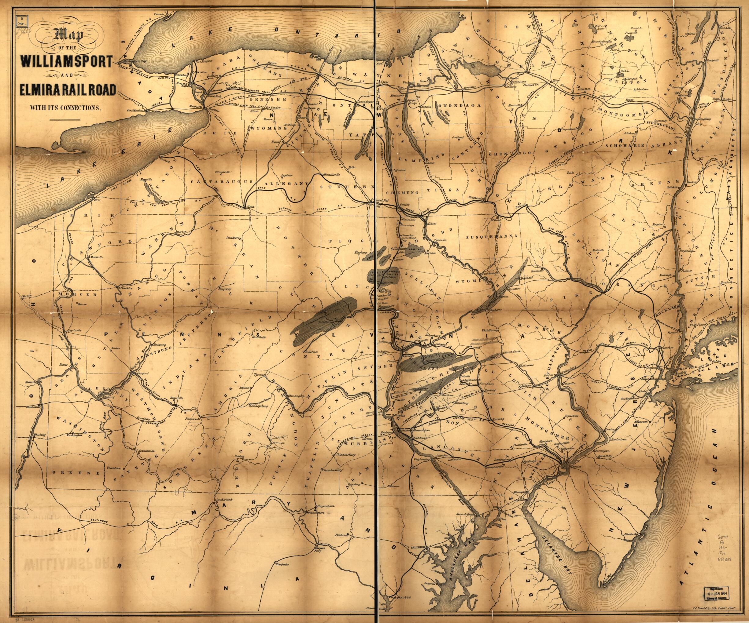 This old map of Map of the Williamsport and Elmira Railroad With Its Connections from 1850 was created by  P.S. Duval &amp; Co,  Williamsport and Elmira Railroad Company in 1850