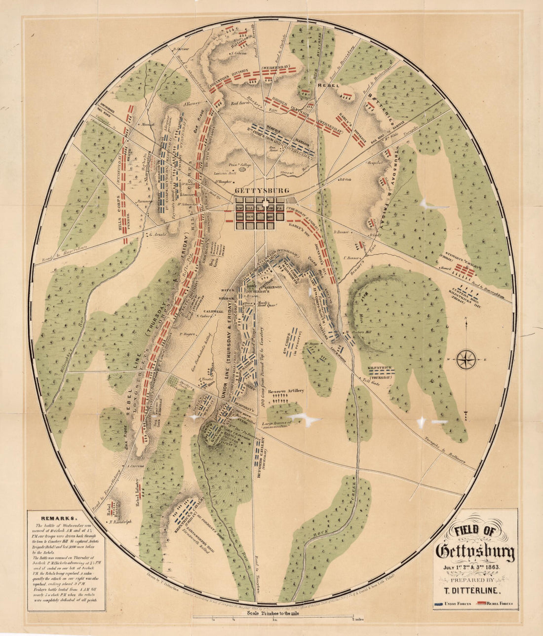 This old map of Field of Gettysburg, July 1st, 2nd &amp; 3rd from 1863 (Field of Gettysburg, July First, Second, and Third from 1863, Sketch of the Battles of Gettysburg With an Explanatory Map) was created by Corydon A. Alvord, T. (Theodore) Ditterline,  Jo