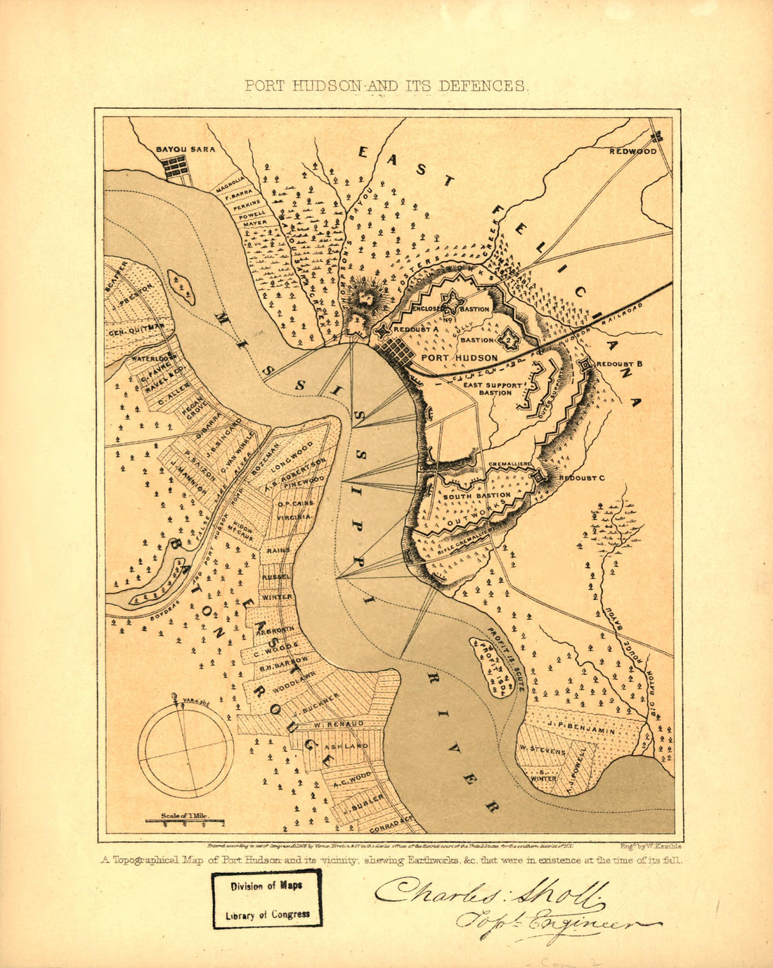 This old map of Port Hudson and Its Defences from 1863 was created by Charles Sholl in 1863