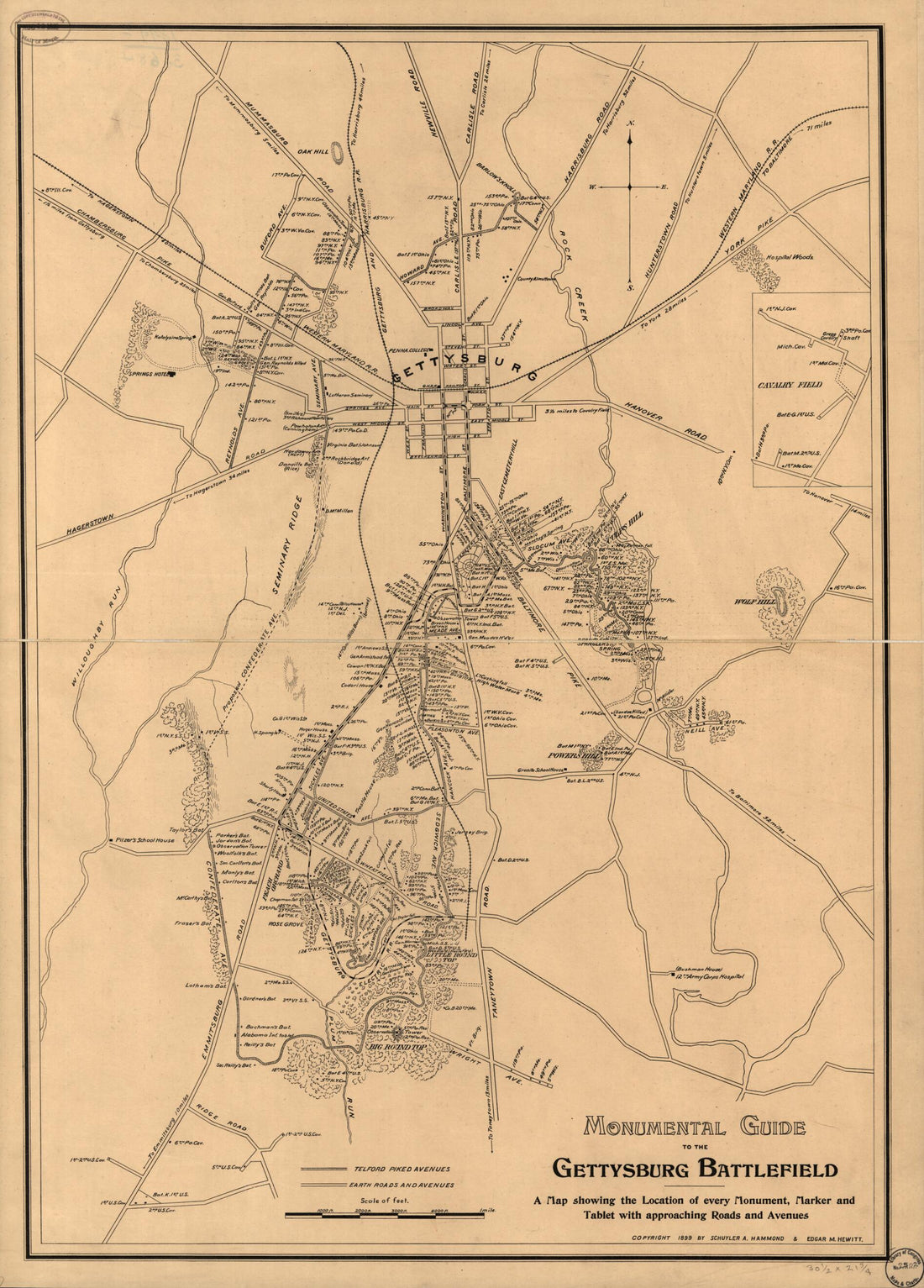 This old map of Monumental Guide to the Gettysburg Battlefield. a Map Showing the Location of Every Monument, Marker and Tablet With Approaching Roads and Avenues from 1899 was created by Schuyler A. Hammond, Edgar M. Hewitt in 1899