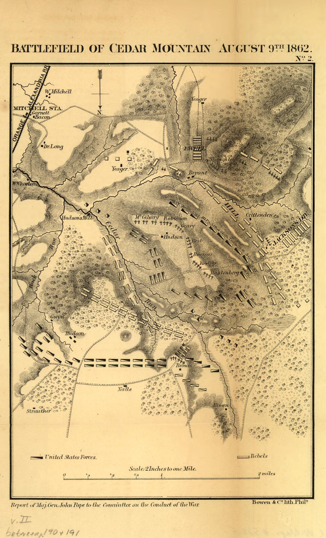 This old map of Battlefield of Cedar Mountain, August 9th, from 1862 was created by John Pope in 1862