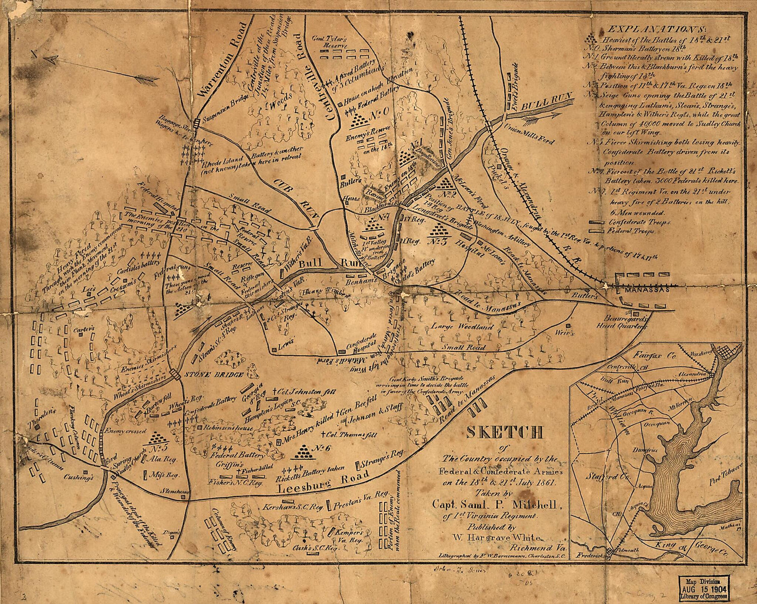 This old map of Sketch of the Country Occupied by the Federal &amp; Confederate Armies On the 18th &amp; 21st July from 1861 was created by Samuel P. Mitchell in 1861